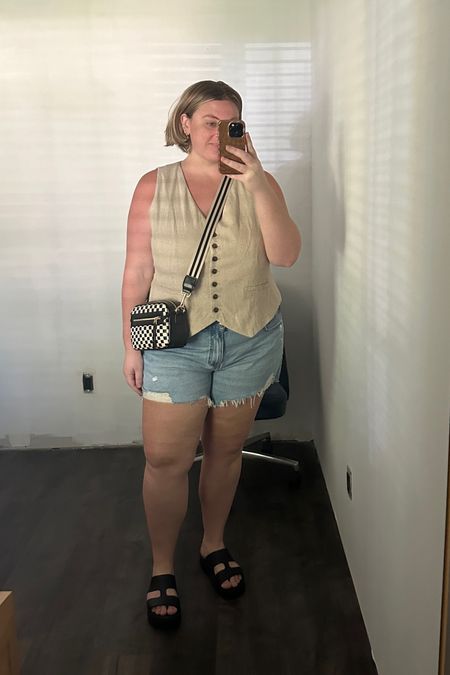 Spring / summer outfit — vest XXL, jean shorts 34, shoes TTS and fit wide feet!! Love this checkered purse so much 

#LTKxTarget #LTKfindsunder100 #LTKplussize