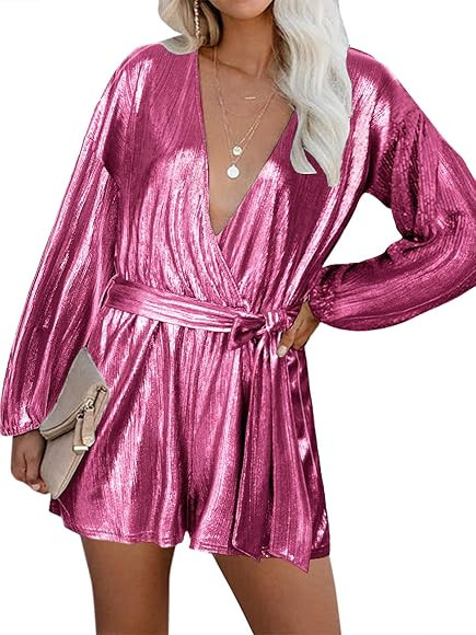 YOINS Sequin Rompers for Women Long Sleeve Jumpsuits V Neck Playsuits Bandage Sparkle Metallic Pa... | Amazon (US)