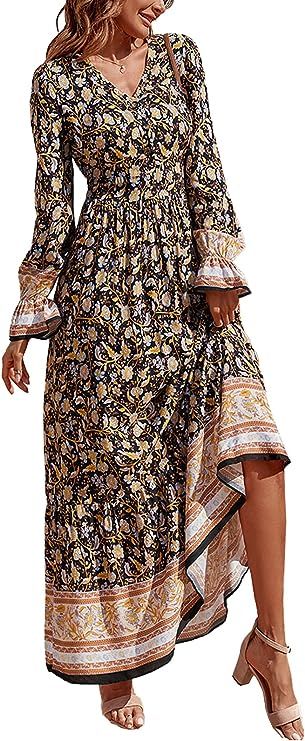 PRETTYGARDEN Long Sleeve Maxi Dress for Women - V Neck Casual Button Down Boho Floral Print Fall ... | Amazon (US)