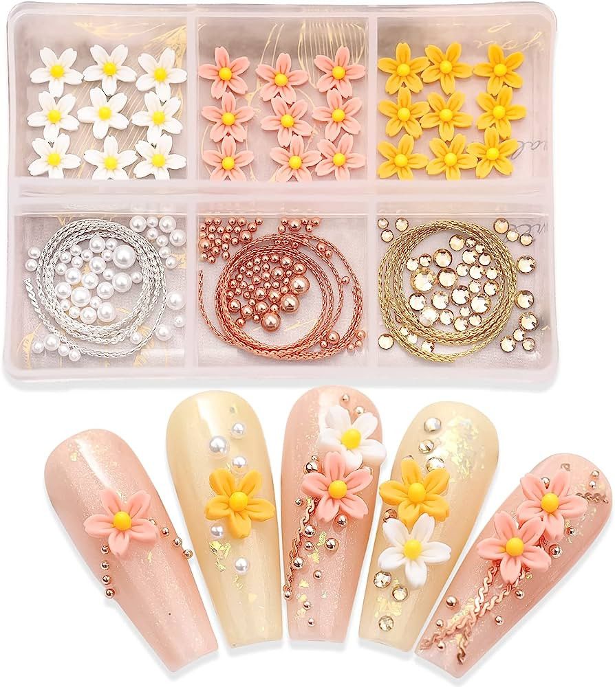 Totelux 3D Flower Nail Art Charms Cherry Blossom Nail Supplies Gold Nail Gems Rhinstones White Na... | Amazon (US)