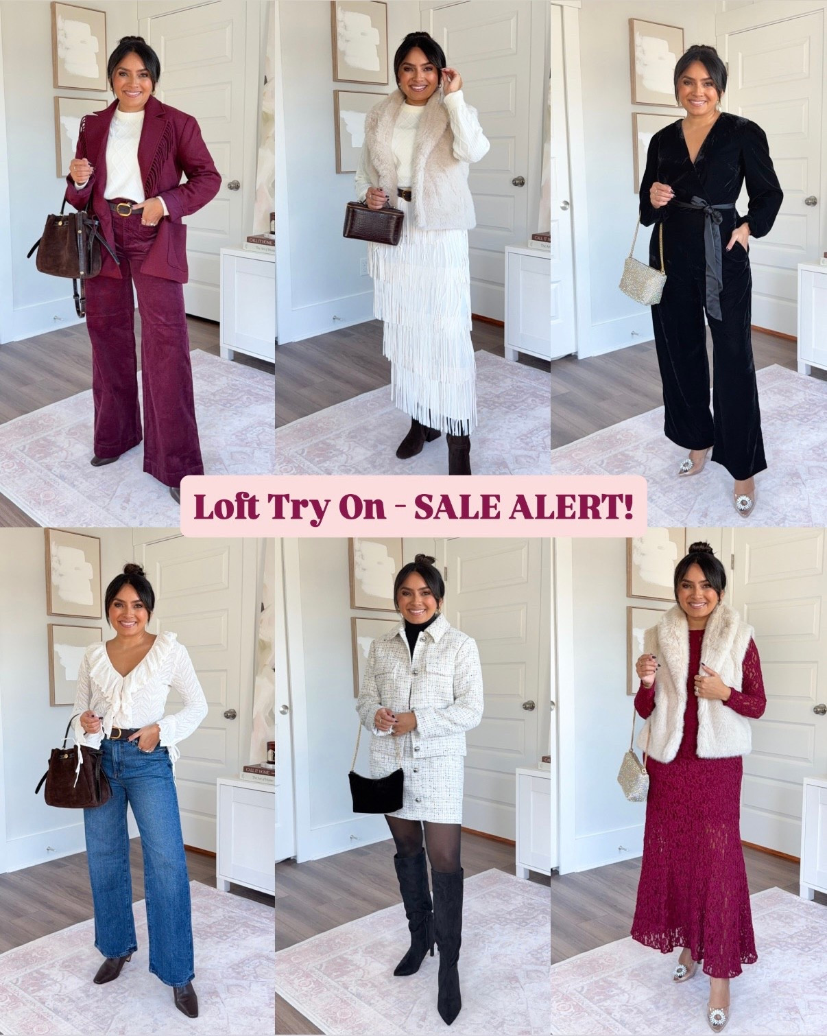 Loft Sale! Outfits For Every Holiday Occasion!
For reference: I’m 5’0, 32b bra size, and 2/26 in bottoms, pear shaped. 
*Everything I share is unaltered! TTS means true to size. Between size 5-6.6 in shoes

Burgundy pome fruit fringe lapel jacket blazer size xxs regular TTS
Cream sweater size xs TTS
Garnet burgundy corduroy pants size 0 regular - i went with the regular length for a longer pant but it does come in petite!
Dark brown leather boots size 5.5 TTS

Faux fur vest size xs petite TTS
Cream sweater size xs TTS
Dark brown belt size 27-31 TTS
Fringe skirt size 2 regular - went with the regular length for a more full length skirt but it does come in petite!
Chocolate brown suede waterproof boots size 5.5 TTS


Black jumpsuit size 0 petite TTS
Rhinestone clear heels - old, similar linked

White ruffle top size xs petite TTS
Jeans size 26 petite TTS
Dark brown leather boots size xs TTS

White and black tweed jacket size xxs regular TTS
White and black tweed skirt size 2 petite TTS
Black turtleneck size xxs regular TTS
Black boots size 5.5 TTS

Faux fur vest size xs petite TTS
Burgundy lace maxi dress size xs regular TTS - i wanted a ful length maxi so i went with the regular length! 
Rhinestone clear heels - old, similar linked

holiday outfits
Loft try on haul
Loft holiday collection 2025
Thanksgiving outfit ideas
Christmas party outfit ideas
Petite Loft try on
workwear holiday looks
date night outfit
western chic outfit
Holiday outfits petite
Office holiday party outfits
Loft dresses for the holidays
Casual holiday outfit ideas
Affordable Loft holiday looks
What to wear for every holiday occasion
Rachel Miranda Blog
Honeysweetpetite
Honey Sweet Petite


#LTKHoliday #LTKPetite #LTKSaleAlert