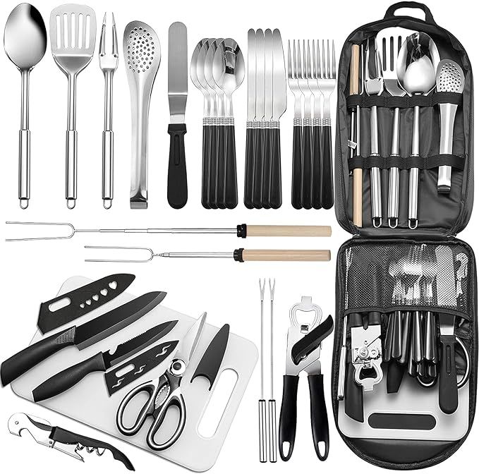 Portable Camping Kitchen Utensil Set-27 Piece Cookware Kit, Stainless Steel Outdoor Cooking and G... | Amazon (US)