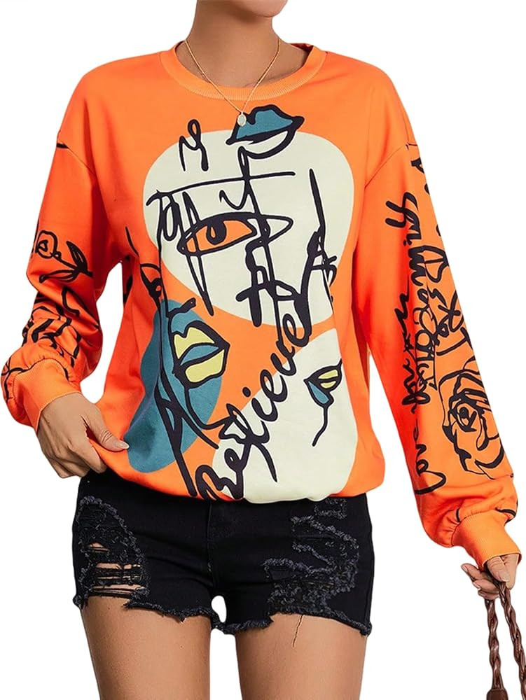 WDIRARA Women's Figure Graphic Print Sweatshirt Graffiti Pullovers | Amazon (US)