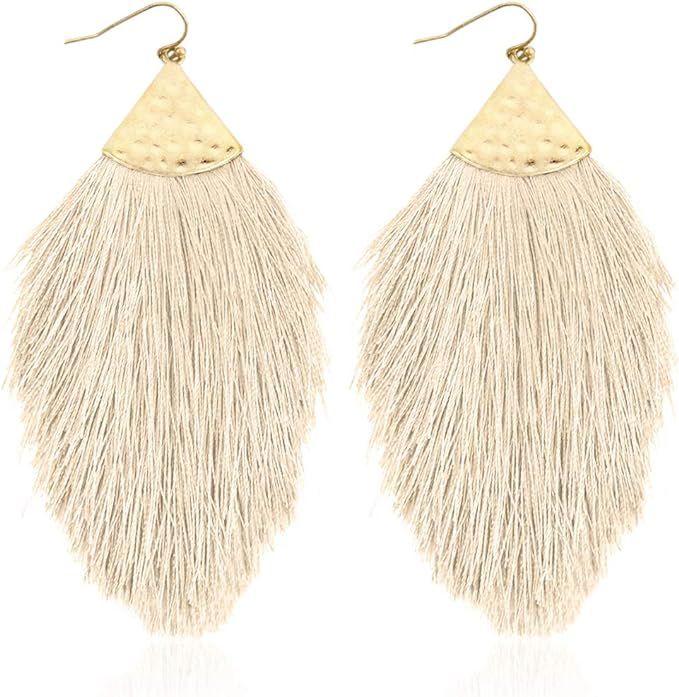 Bohemian Silky Thread Fan Fringe Tassel Statement Earrings - Lightweight Strand Feather Shape Dan... | Amazon (US)