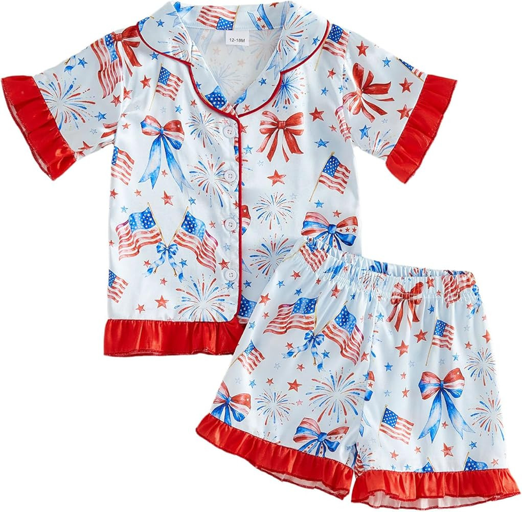Kuriozud Kids Toddler Girl 4th of July Pajamas Short Sleeve Button Down Shirt Top and Shorts 2pcs... | Amazon (US)