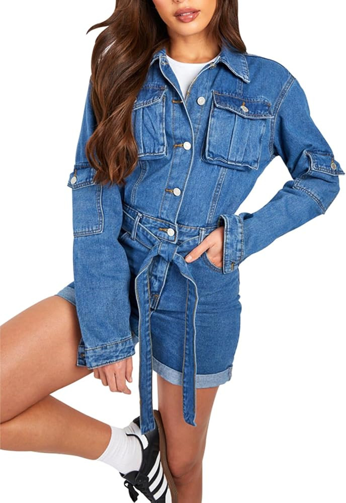 SheKiss Womens Casual Short Sleeves Denim Romers Elastic Waist Button Down Onesie Jumpsuits with ... | Amazon (US)