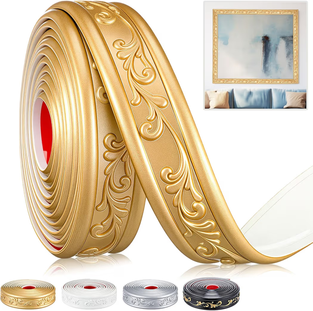 Peel and Stick PVC Crown Molding Trim Flexible Molding Trim Self Adhesive 13.1 ft x 1.8 Inch Wallpaper Wall Border Mirror Frame Baseboard Cabinet for Home Decor Edge Background(Champagne Gold) | Amazon (US)