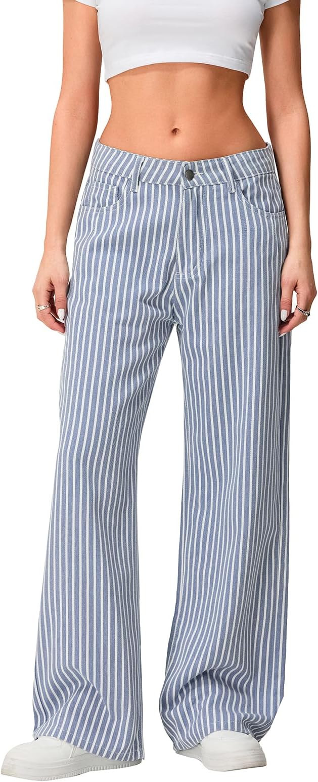Mxiqqpltky Y2k Striped Bell Bottom Jeans Women High Waisted Boyfriend Denim Pants Baggy Wide Leg ... | Amazon (US)