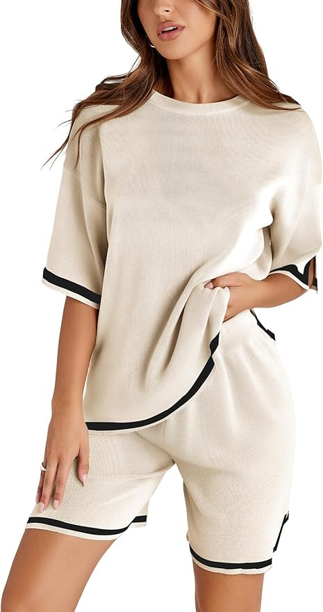 Tanming Lounge Sets for Women Summer Sweater Sets Short Sleeve Knit Tops Wide Leg Shorts | Amazon (US)