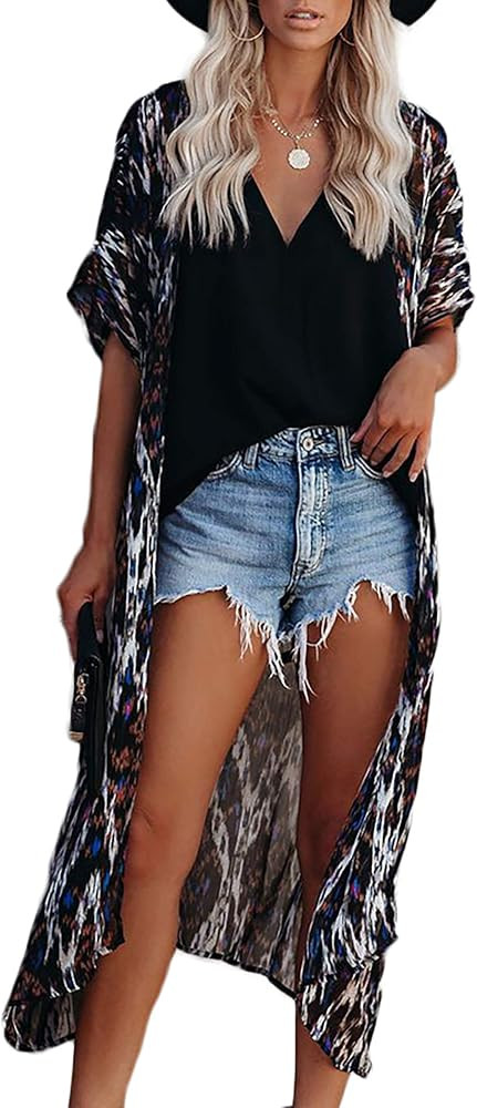 Hibluco Womens Beach Kimono Cardigan Fashion Chiffon Long Swimsuit Cover Up | Amazon (US)