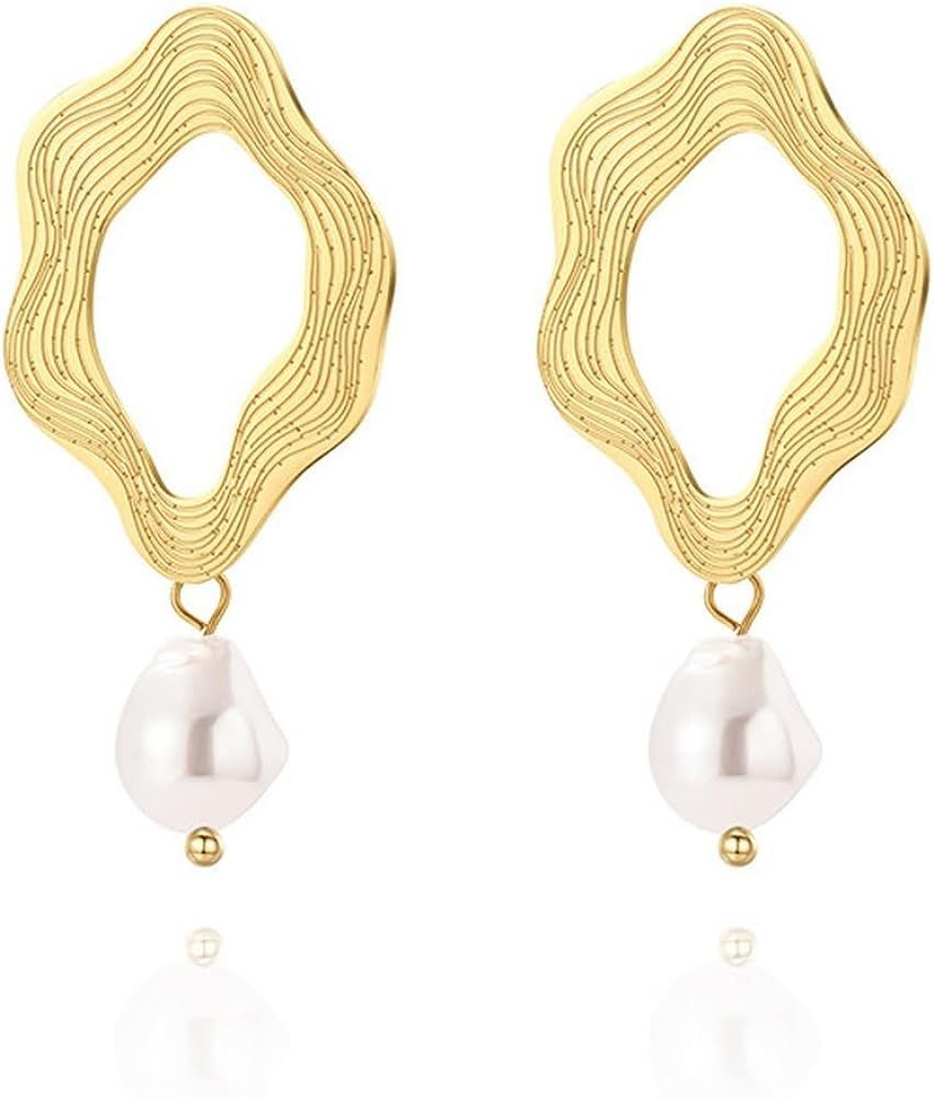 Irregular Geometric Brushed Texture Gold-Plated Stainless Steel Baroque Pearl Charm Earrings for ... | Amazon (US)