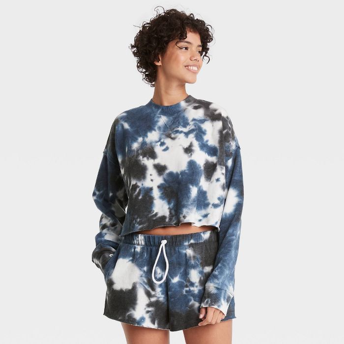 Women's Tie-Dye Fleece Lounge Cropped Sweatshirt - Colsie™ Blue | Target