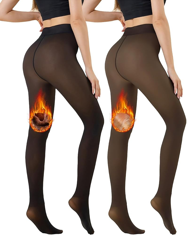 Vertvie 2 Pairs Fleece Lined Tights Women Crotch One Seam Line Warm Sheer Pantyhose Fake Transluc... | Amazon (US)