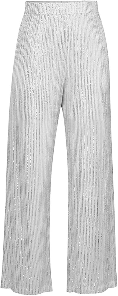 Aelidiya Women's Glitter Sequin Long Loose Pants Bling Party Clubwear Elastic Casual Pants | Amazon (US)
