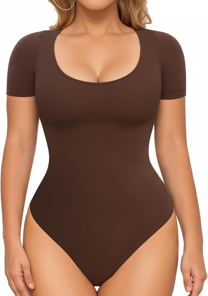 MANGOPOP Shapewear Bodysuits for Women Tummy Control Scoop Neck Short Sleeve Seamless Thong Compr... | Amazon (US)