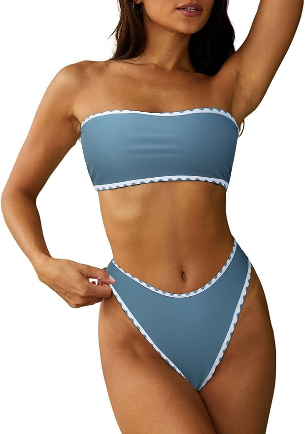 ZAFUL Women Strapless Textured Bandeau Bikini 2 Piece Swimwear Cheeky Solid Lace up Bathing Suits | Amazon (US)