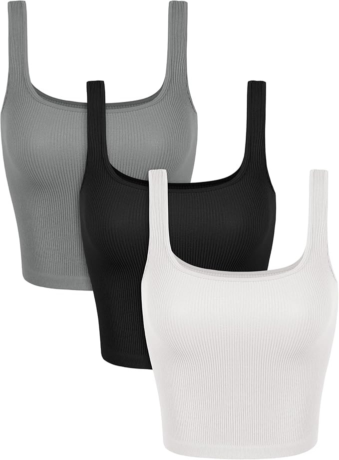ODODOS 3-Pack Seamless Square Neck Crop Tank for Women Ribbed Knit Soft Low Back Cropped Tops | Amazon (US)