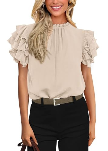 KIRUNDO Blouses for Women Dressy Casual 2026 Spring Summer Ruffle Short Sleeve Mock Neck Work Shirts Tops Fashion Clothing(Beige, Medium) | Amazon (US)