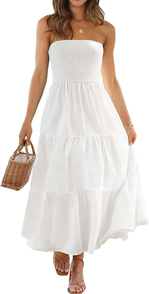 LILLUSORY 2023 Trendy Smocked Strapless Midi Dress for Women Flowy Tiered A Line Dress with Pocke... | Amazon (US)