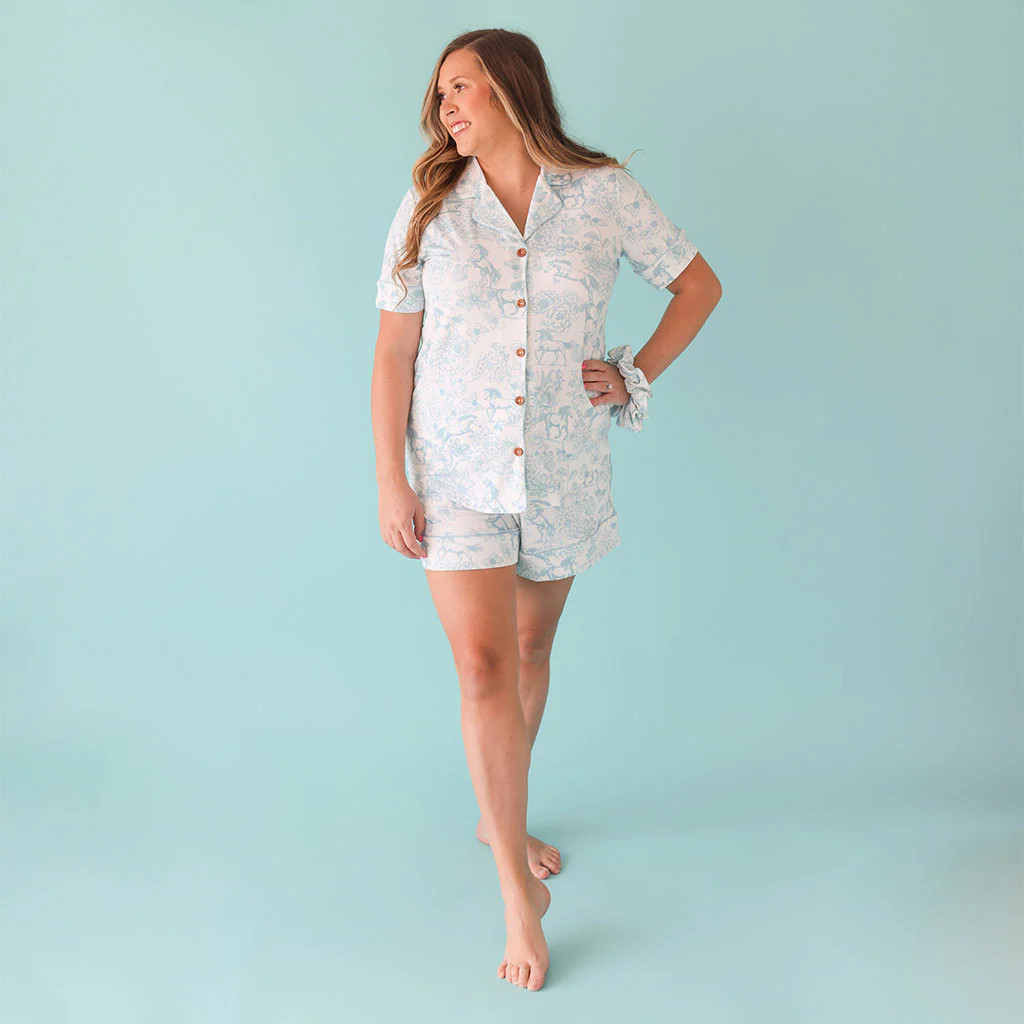 Floral Horses Blue Short Sleeve Womens Pajamas | Charlotte Anne | Posh Peanut