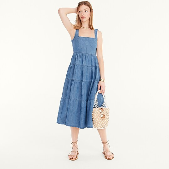 Tiered denim squareneck dress | J. Crew US