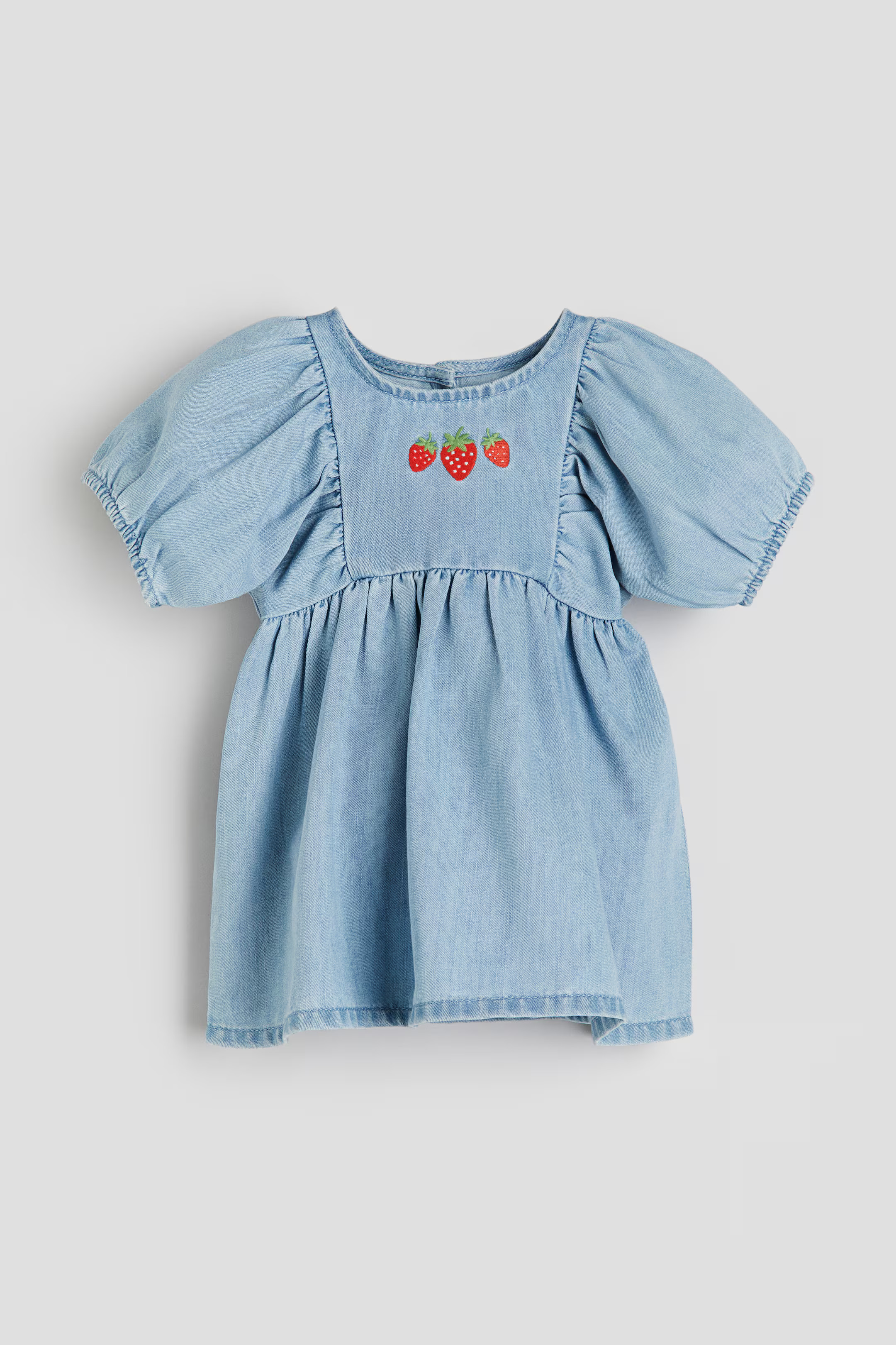 Embroidered-motif Denim Dress - Round Neck - Short sleeve - Light denim blue/strawberries - Kids ... | H&M (US + CA)