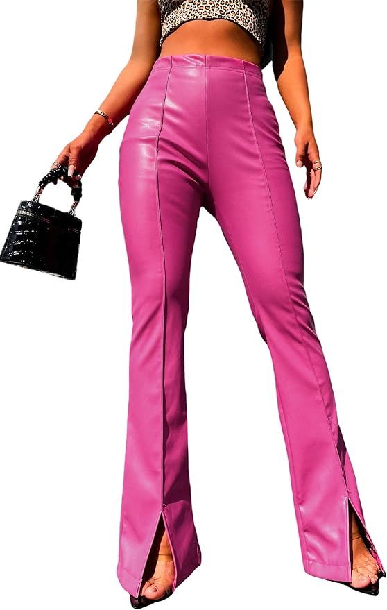 MakeMeChic Women's Faux PU Leather High Waist Split Hem Stretchy Flare Pants | Amazon (US)