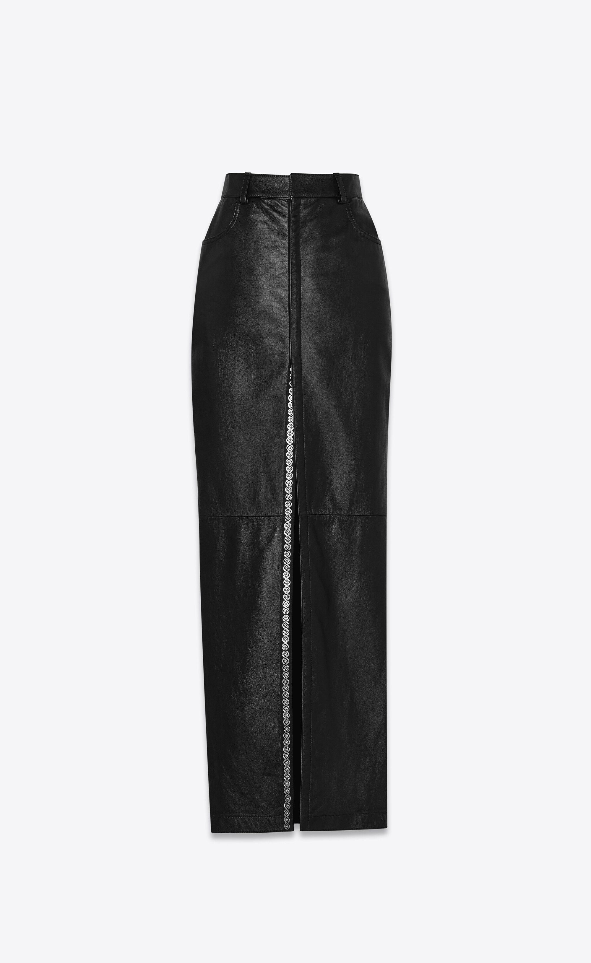 Long Leather Skirt In Shiny Grained Lambskin With Snap-Button Slit Black 2 | Saint Laurent Inc. (Global)