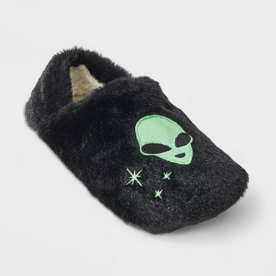 Women's Alien Glitter Embroidered Halloween Faux Fur Slipper Socks with Grippers - Hyde and EEK! Boutique™ Black/Green M/L | Target