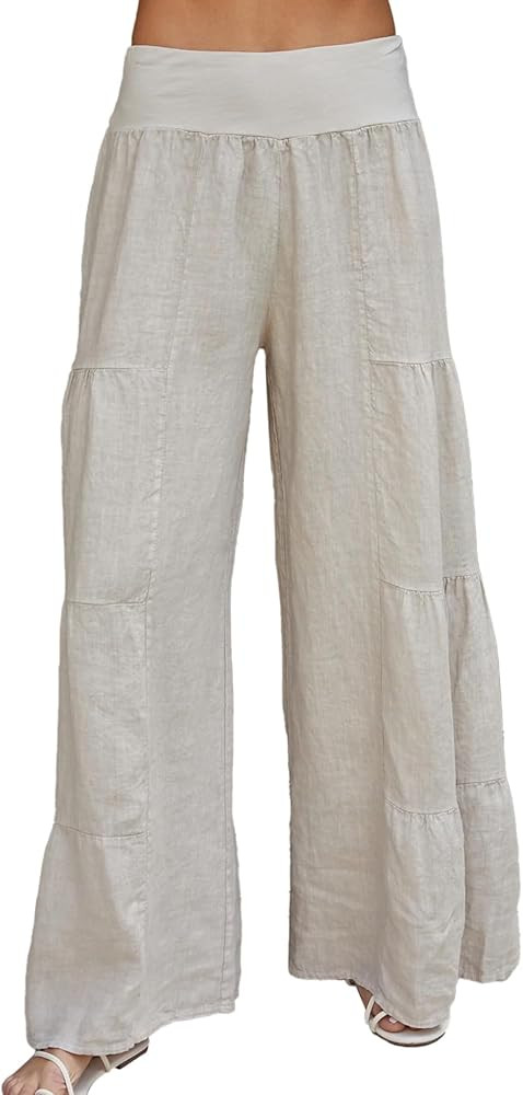Womens Linen Palazzo Pants Baggy Wide Leg Elastic Waist Lounge Pant Summer Flowy Beach Travel Vac... | Amazon (US)