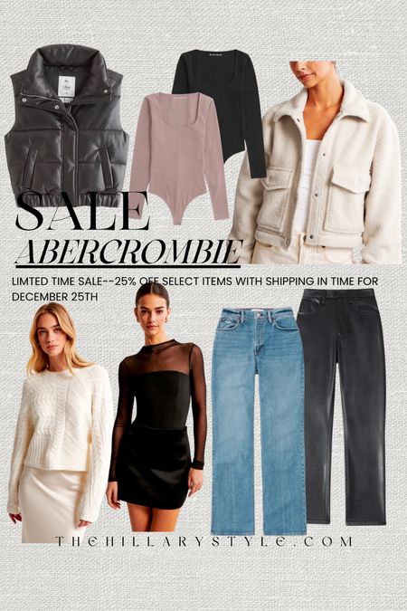 Abercrombie Limited Sale: 25% off select styles shipping in time for December 25th. Denim, straight leg jeans, leather pants, faux leather pants, Sherpa jacket, cropped jacket, sweater, body suit, leather puffer vest, sheer top, sheer body suit, winter basics, winter outfits, winter fashion. 

#LTKstyletip #LTKSeasonal #LTKsalealert