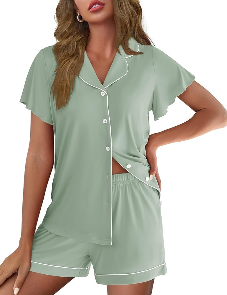 Ekouaer Pajamas for Women Set Button Up Pjs Short Sleeve Ruffle Sleepwear Notch Collar Bride Soft... | Amazon (US)