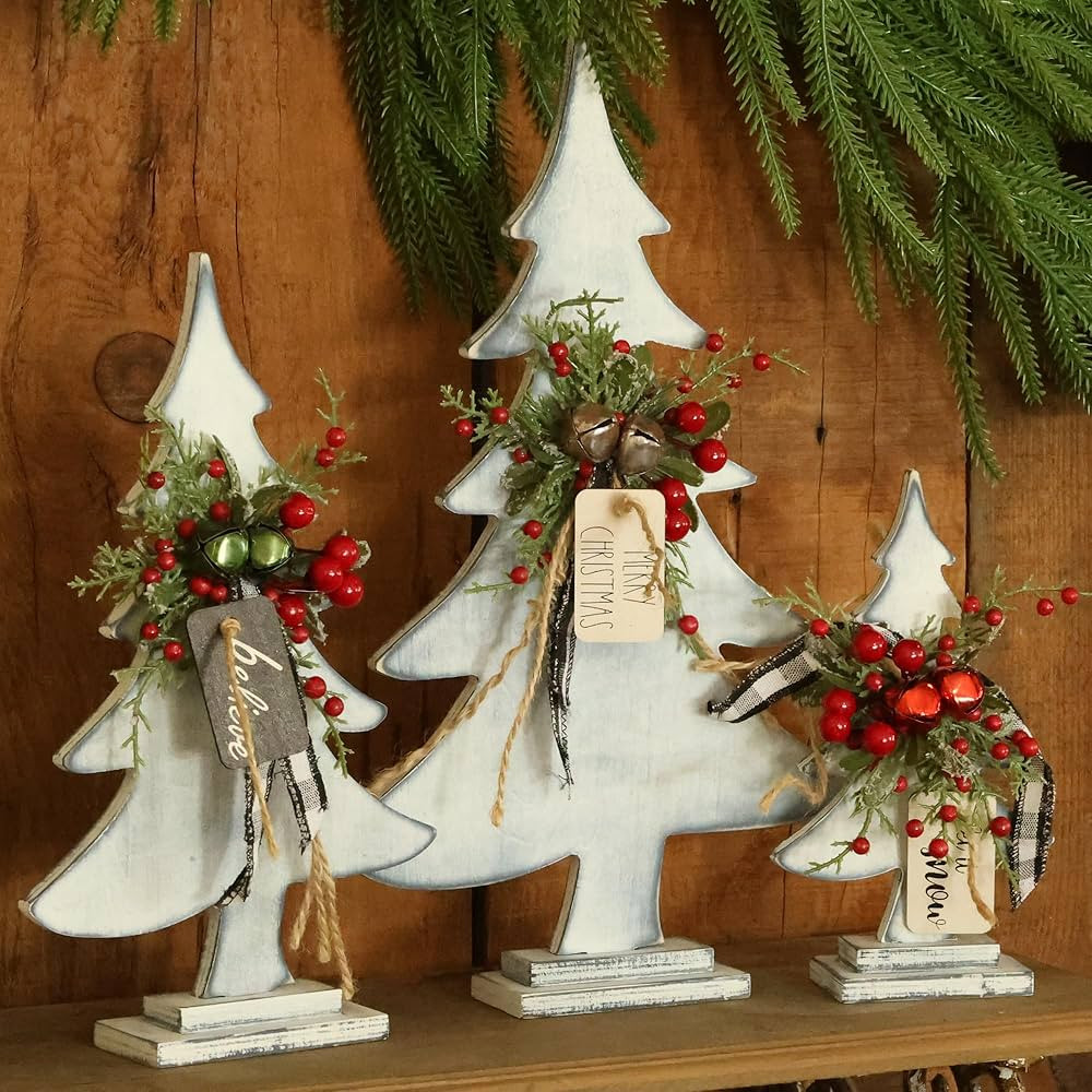 Set of 3 Wooden Christmas Tree Decor with Jute Jingle, Farmhouse Festive Decorations for Home, Ch... | Amazon (US)