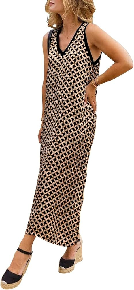 miduo Womens Casual Summer V Neck Sleeveless Floral Printed Beach Split Maxi Dress Sundress | Amazon (US)