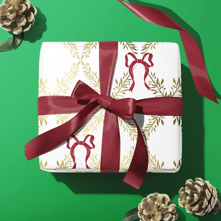 Gold and White Harlequin Leaves Premium Heavyweight Christmas Wrapping Paper, 25 sq ft, by My Tex... | Walmart (US)