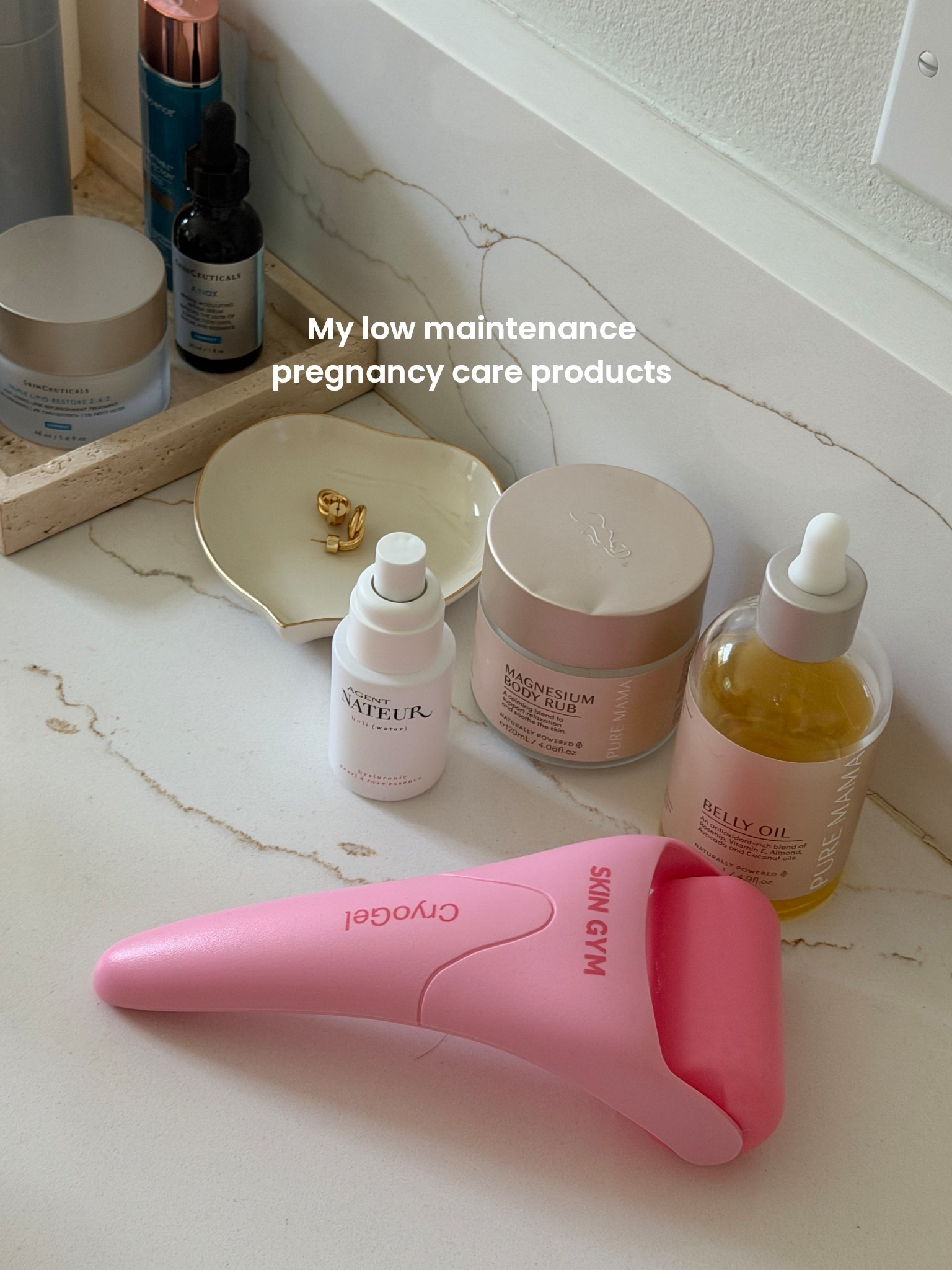 For my belly: first any hyaluronic serum, currently using this one but The ordinary works as well, followed by oiling, lastly locking everything in with a thick moisturizing cream. Face: ice roller, it helps my puffy face.