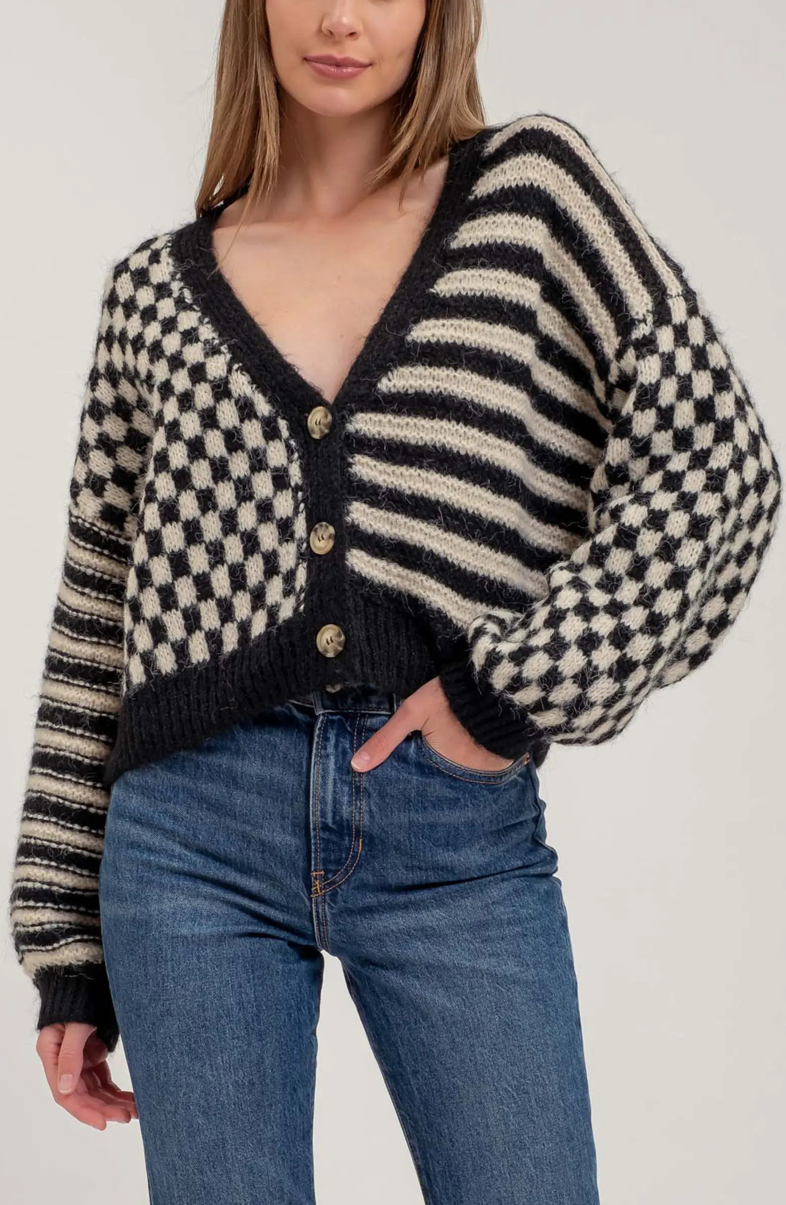 Stripe Check Balloon Sleeve Cardigan | Nordstrom Rack