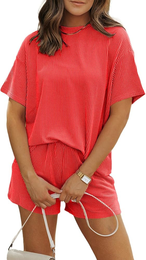 MARZXIN Women 2 Piece Shorts Set 2026 Casual Summer Cruise Outfits Ribbed Loose Short Sleeve Pock... | Amazon (US)