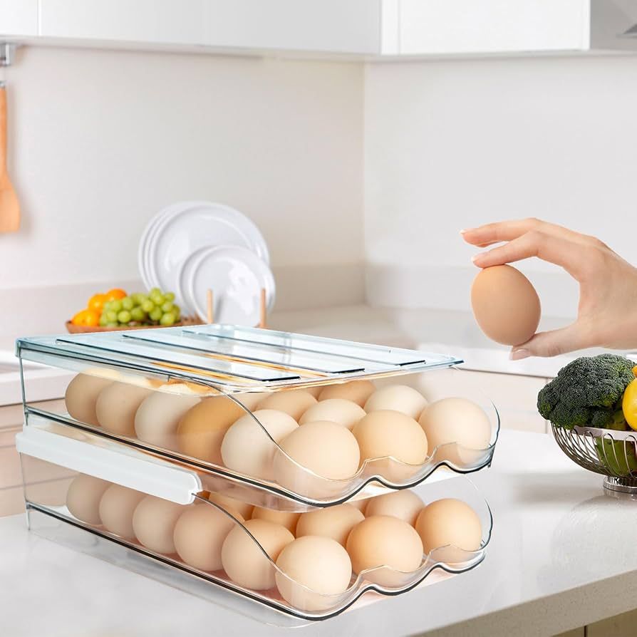 Egg Holder for Refrigerator, Rolling Large Capacity Egg Container for with Detachable Lid, Stacka... | Amazon (US)