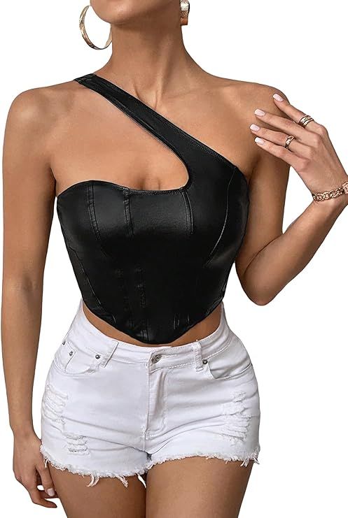 Milumia Women's PU Leather One Shoulder Crop Top Sleeveless Asymmetrical Hem Club Tops | Amazon (US)