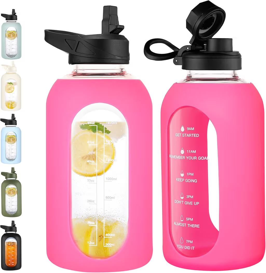 CIVAGO 64 oz Glass Water Bottle Jug with Straw and Handle, Half Gallon Sports Motivational Water ... | Amazon (US)