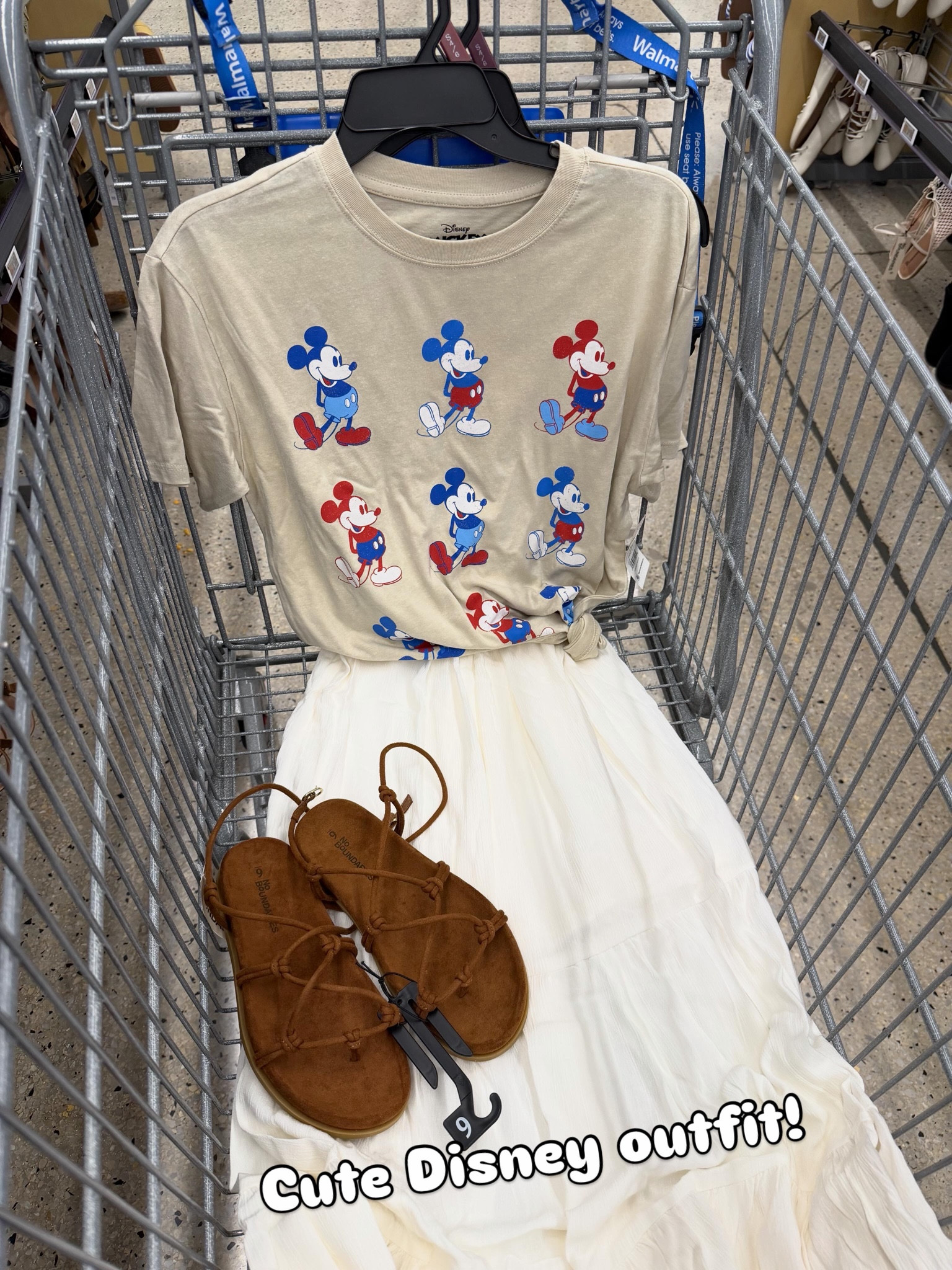 This red white and blue Mickey tee over a spaghetti strap sundress summer outfit idea, Disney outfit idea #walmartfashion