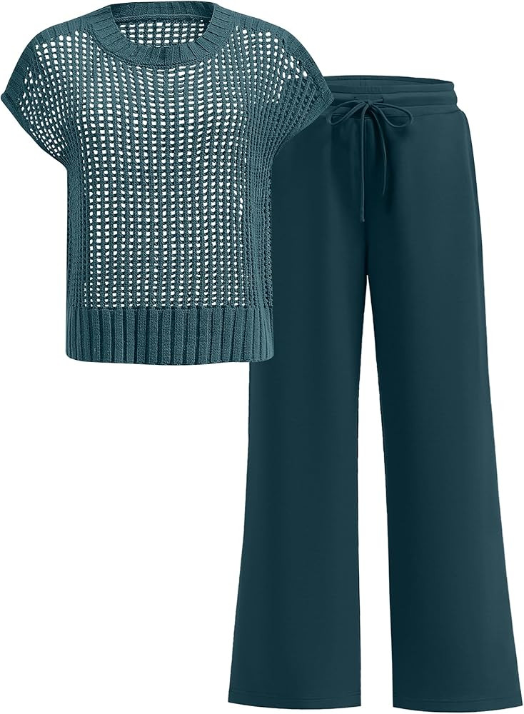 ANRABESS Women Two Piece Outfits Crochet Sheer Knit Sweater Top Wide Leg Pants Lounge Matching Se... | Amazon (US)