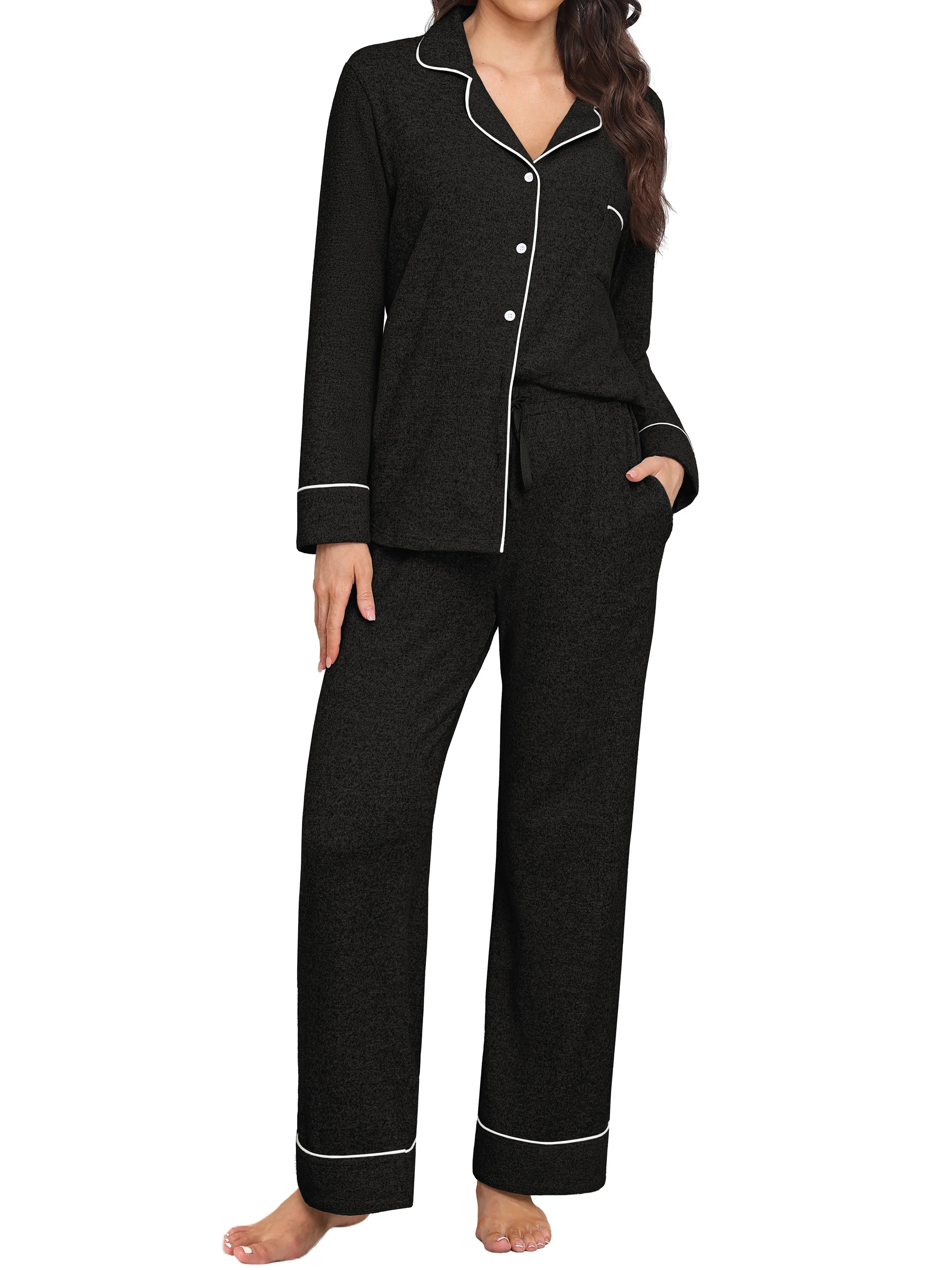 MINTREUS Women's Pajama Sets Knit Long Sleeve Button Down Pjs Soft Sleepwear Lounge Sets with Poc... | Walmart (US)