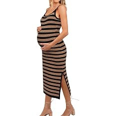 OUGES Womens 2025 Spring Maternity Striped Dress Spaghetti Strap Bodycon Knit Side Slit Midi Swea... | Amazon (US)