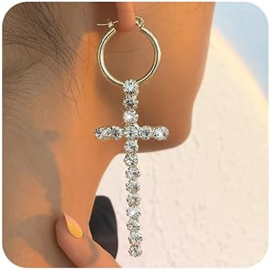 Jumwrit Rhinestone Cross Earrings Sparkle Huggie Hoop Earrings Long Dangle Drop Earrings Charm Ha... | Amazon (US)