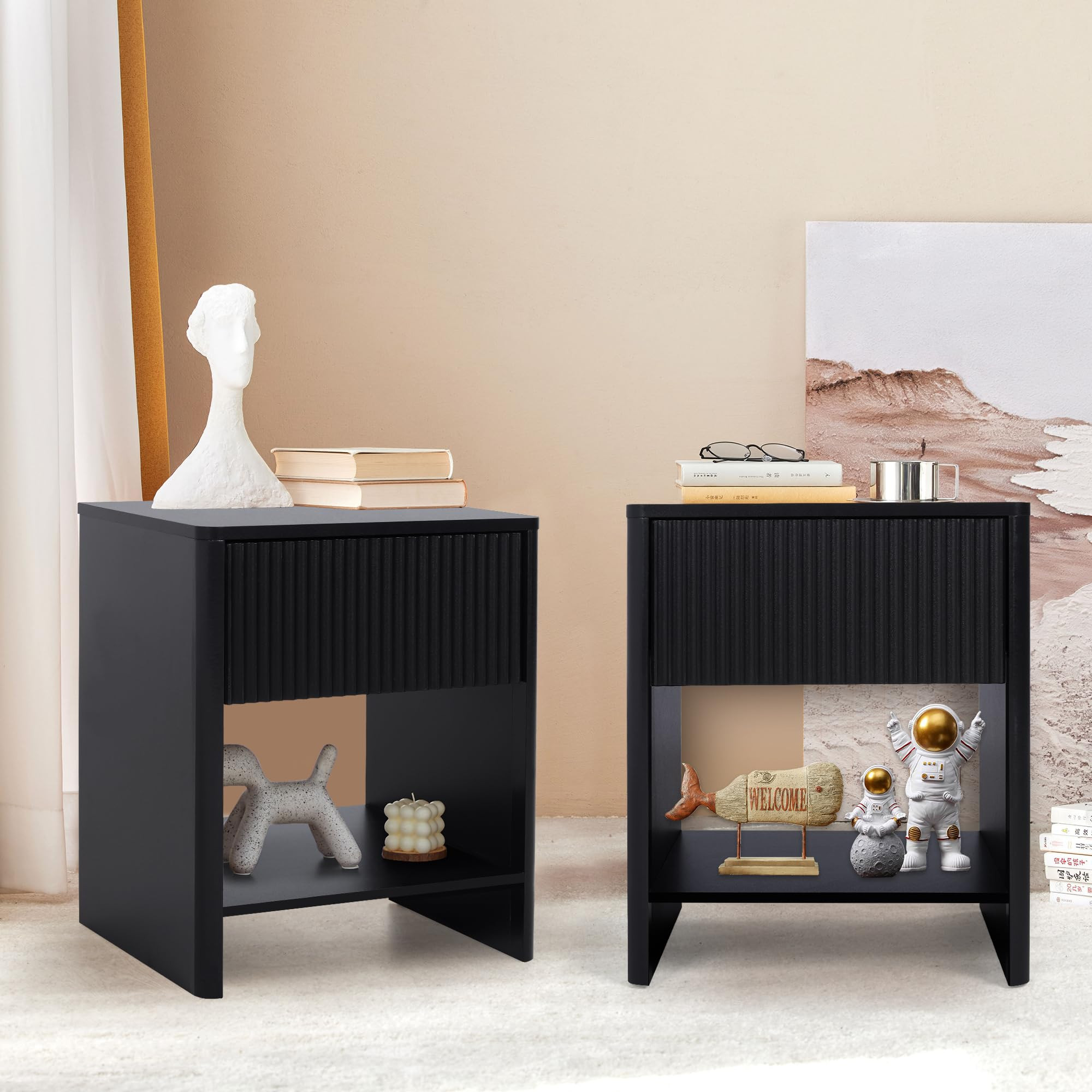 Modern Night Stand Set 2 with Drawer, Black Nightstand for Bedroom, Small End Table with Storage,... | Amazon (US)