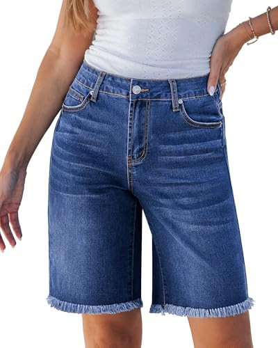 luvamia Jean Bermuda Shorts for Women Trendy Mid Rise Raw Hem Knee Length Stretchy Denim Long Sho... | Amazon (US)