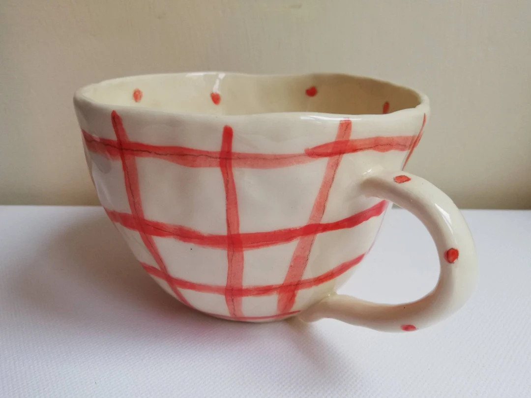Red gingham tea cup with spots & flower, hand made pinched mug, mother's day tea lover gift idea.... | Etsy (US)