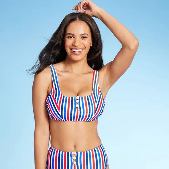 Juniors' Ribbed Button-Front Bralette Bikini Top - Xhilaration™ Red Stripe | Target
